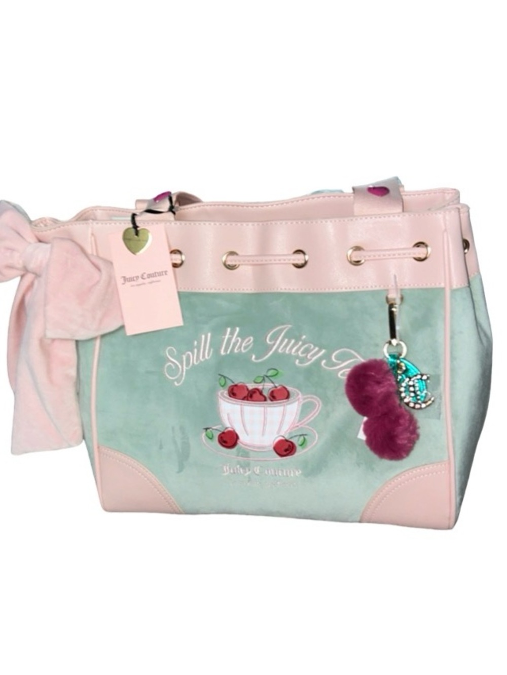 JUICY COUTURE EXCLUSIVE PINK & FROSTY GREEN SWEET TEA & CHERRY VELOUR TOTE NWT